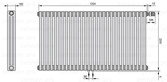 Схема (чертеж) Радиатор Zehnder Charleston 3220/29 №V008 Белый глянцевый RAL 9016